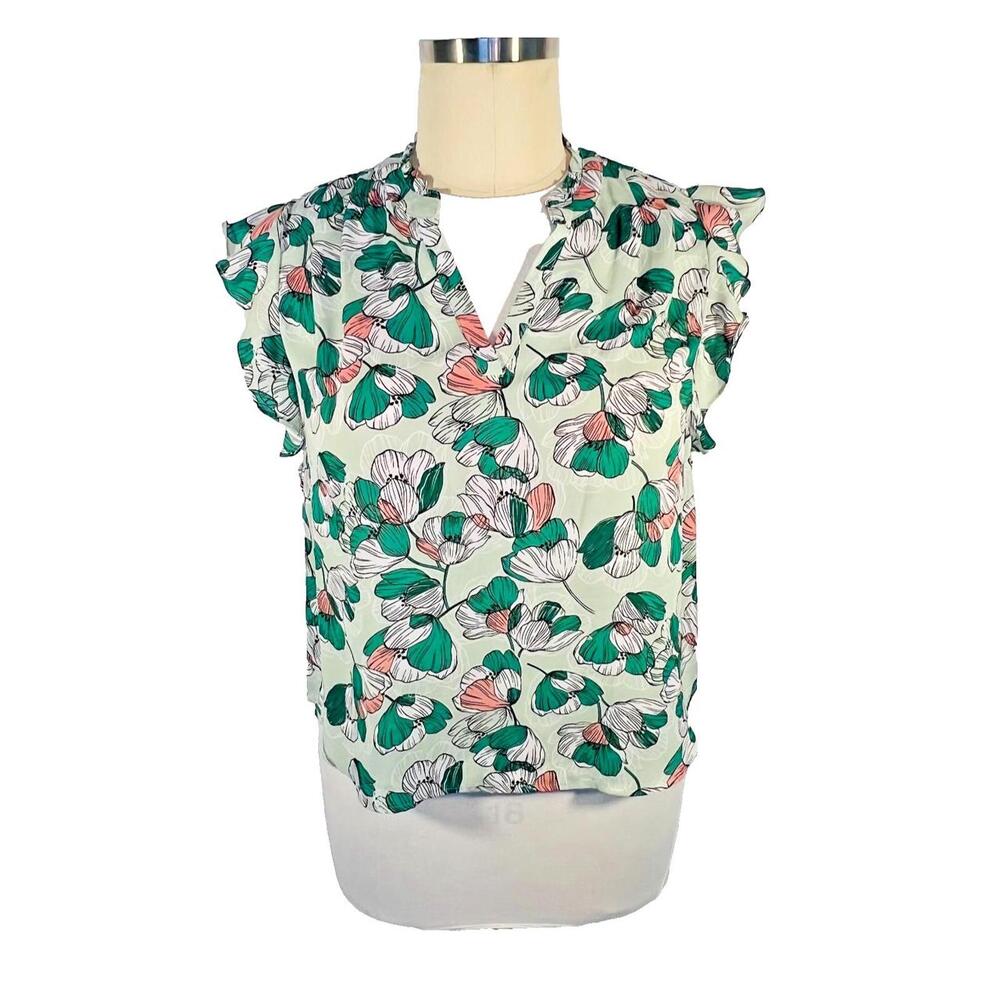 Liz Claiborne Blouse Women L Green Floral Relaxed Polyester